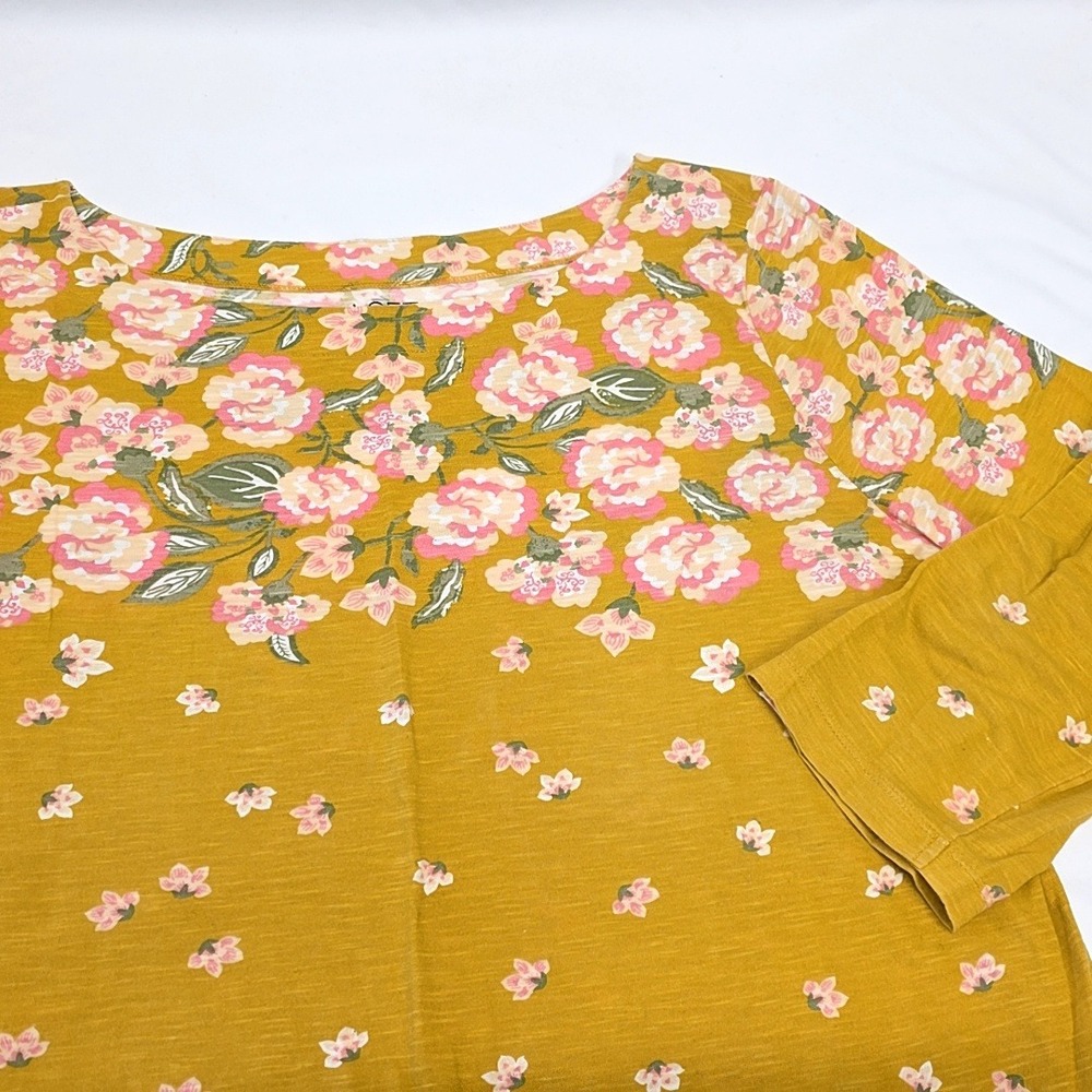 Loft Outlet Floral Top Womens Large Mustard Yellow 3/4 Sleeve Cotton Slub Jersey